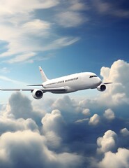 A jetliner flying through the sky filled with fluffy white clouds. This image can be used to depict travel, aviation, or the beauty of nature Generative AI 