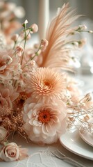 Fototapeta na wymiar Wedding table decorated with bouquets of pink and peach flowers. Concept: Banquet decoration with elements of luxurious floral decor. Catering Banner