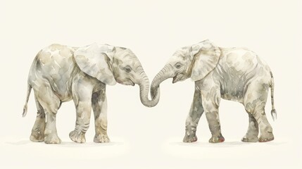 Fototapeta premium two elephants standing next to each other with their trunks touching each other's trunks in front of a white background.