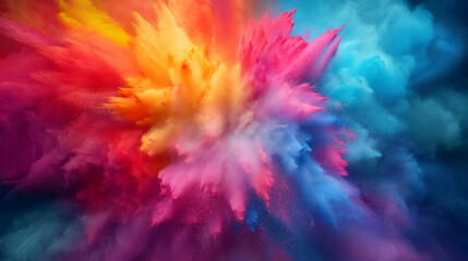 Obraz premium Vibrant colorful splashing powder from the center of image on black background. Suitable for overlaid quote or text on it for Holi festival presentations or banner design.