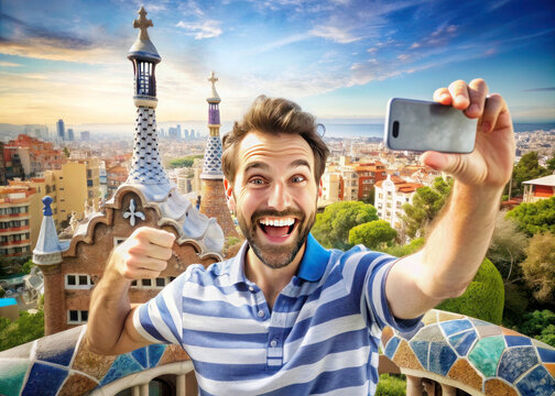 Cheerful Tourist Captures Selfie at Park Guell, Barcelona, Spain: Smiling Man Embraces Vacation Memories