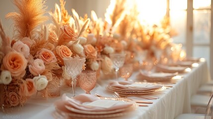 Wedding table decorated with bouquets of pink and peach flowers.
Concept: Banquet decoration with elements of luxurious floral decor. Catering Banner - obrazy, fototapety, plakaty