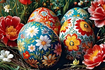 Fototapeta premium Colorful painted Easter eggs amid blossoming flowers, a vibrant celebration of spring. generative ai