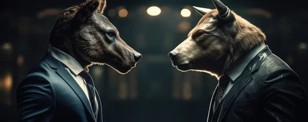 Gordijnen Angry Bulls fight in suits. Bull market bussiness concept. © Michal