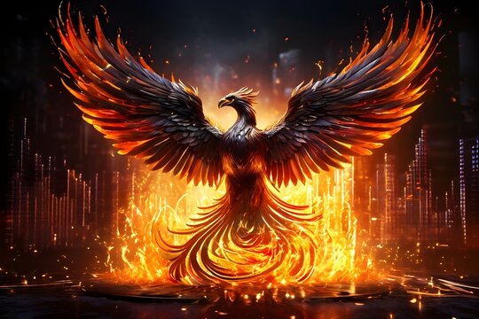 a phoenix rising from ashes, surrounded by fluctuating stock market graphs. Symbolizing recovery and growth after an economic downturn. Generative ai