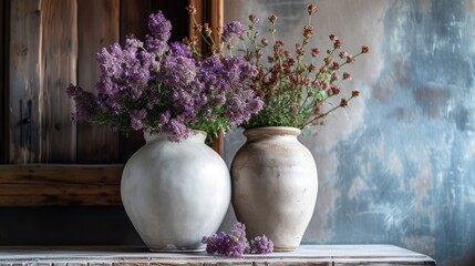 a couple of white vases sitting on top of a table next to each other with purple flowers in them.