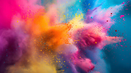 Vibrant colorful splashing powder from the left side of image on blue background with copy space for text. Suitable for Holi festival presentations or banner design.