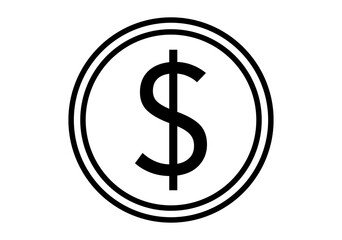 Icono negro de moneda de dólar en fondo blanco.