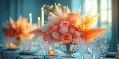 Served festive table decorated with flowers in the trendy peach fuzz color.
Concept: Banquet table for a celebration and an elegant wedding dinner.