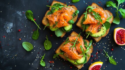 three pieces of bread topped with salmon and avocado on top of a black surface next to a cut in half grapefruit.