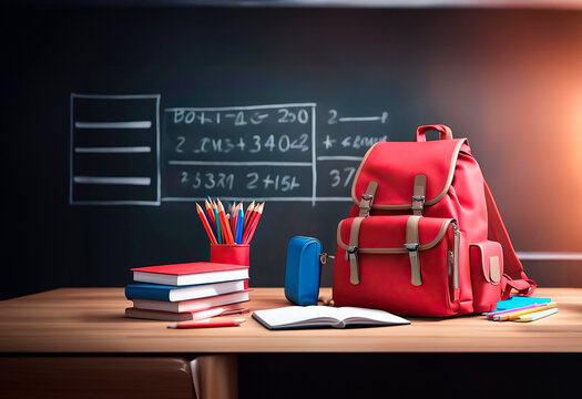 Red school backpack on a desk against the background of a school board. School learning concept, knowledge day