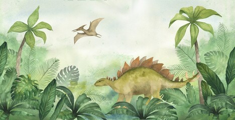 Watercolor illustration of banner or frame with a dinosaur pterodactyl and stegosaurus in green jungle with palm leaves. For children's room decor, wallpaper, invitation