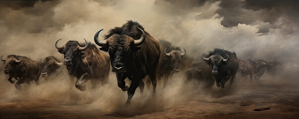 Horde of angry buffalos running to camera. cloud of dust everywhere. - obrazy, fototapety, plakaty