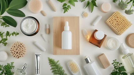 a wooden cutting board topped with lots of different types of skin care products next to a potted plant and a bottle of lotion. - obrazy, fototapety, plakaty