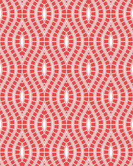 Seamless repeating pattern with red concentric teardrop shapes on a white background. Dashed wavy lines made up of small squares. Abstract geometric style. Decorative vector illustration for fabric.