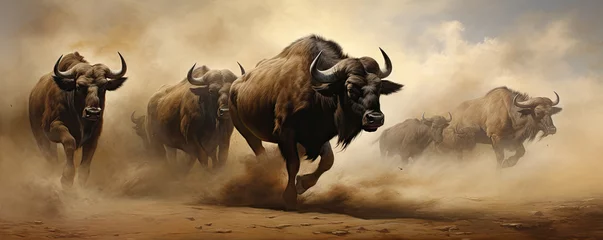 Fotobehang Horde of angry buffalos running to camera. cloud of dust everywhere. © Michal