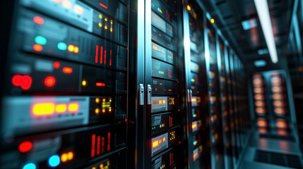 Server room at a data center with a futuristic vibe.