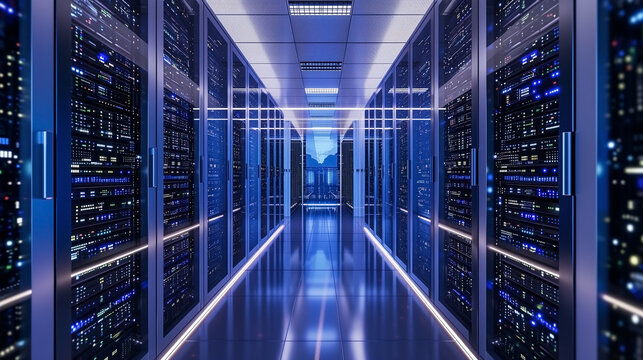 Server room at a data center with a futuristic vibe.