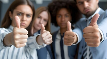 Group of disappointed young multiethnic people give thumbs down, hands in closeup. Diverse business team shows dislike of bad work results