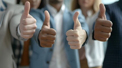 Group of disappointed young multiethnic people give thumbs down, hands in closeup. Diverse business team shows dislike of bad work results - obrazy, fototapety, plakaty
