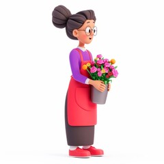 Elderly woman clay animation character wearing a florist's apron and holding a bouquet of flowers, arranging them in a vase, on an isolated white background, Generative AI