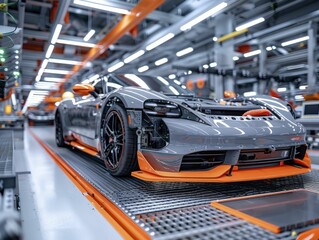 Automotive Assembly 2.0, Ultra-modern car manufacturing plants, where electric vehicles are assembled on clean, efficient production lines, marking the evolution of the auto industry