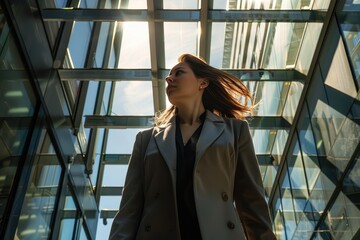 Low point of view of a beautiful female executive walking between buildings.