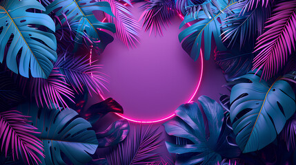 Modern trendy neon glowing light with neon blue palm tropical leaves on a violet background. Design...