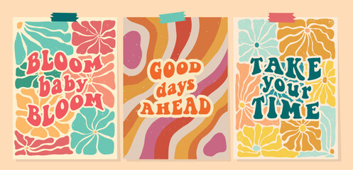Groovy wallpaper collection, vintage lettering quotes on textured background for posters, cards, prints, banners, signs, stickers, templates, etc. EPS 10