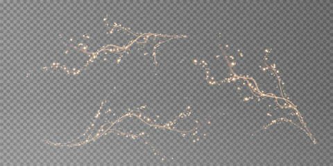 Holiday decor element in the form of a glowing sakura branch. Abstract glowing dust. Christmas background made of luminous dust. Vector png. Floating cloud of holiday bright little dust.