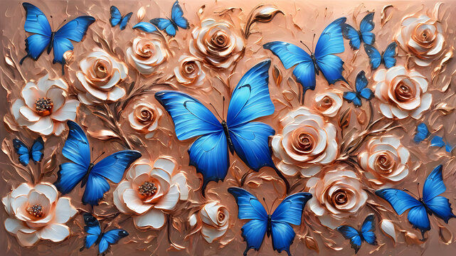 pink-golden flowers and shiny blue morpho butterflies painted with oil paint on canvas