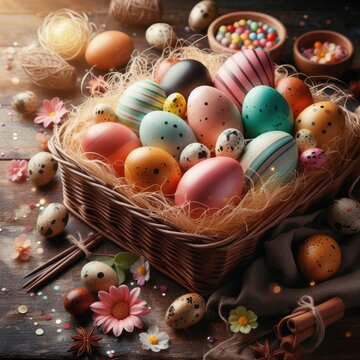 Easter theme on wooden background with Generative AI.