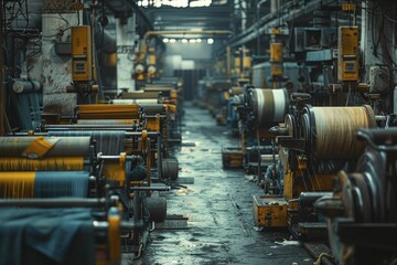 Rows of looms and spinning machines in a textile plant craft fabrics, upholding age-old traditions in modern manufacturing. - obrazy, fototapety, plakaty