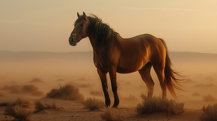 Majestic Desert Horse Capture the spirit of untamed beauty with this stunning image of a majestic desert horse. The graceful presence of the horse against the backdrop of the desert landscape evokes