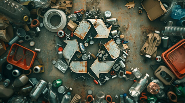 A visually appealing image of a recycle symbol formed by various recycled items
