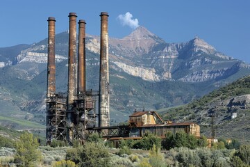 Smelter smokestacks towering above, remnants of metal smelting operations, their presence a reminder of transformation within.