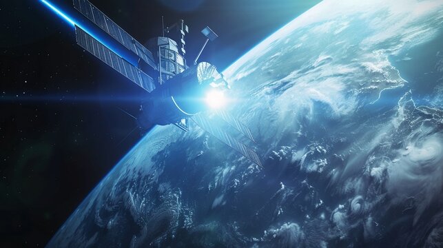 a futuristic space satellite orbiting Earth,high-detail solar panels reflecting the sun