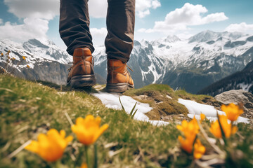 Man hiking boots and wonderful mountain view