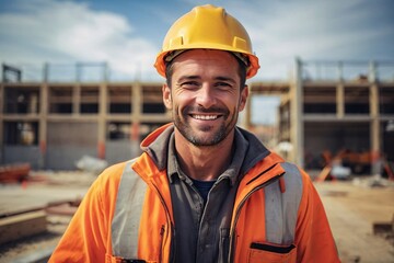 Happy attractive Male Construction contractor posing in front of a construction site looking at the camera, smirking