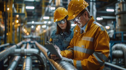 Asia oil and gas production control engineer or supervisor with digital pad monitoring natural gas supply and distribution in refinery Installation view of natural gas refinery pipes 