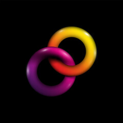 Two colorful united rings - circles on dark background, vector infinity and unity symbol