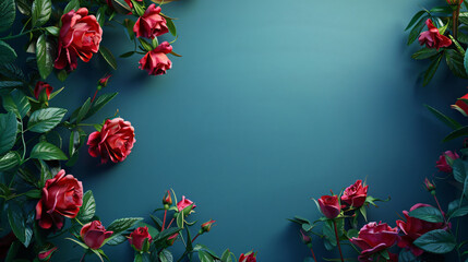 Blooming roses over blue background.