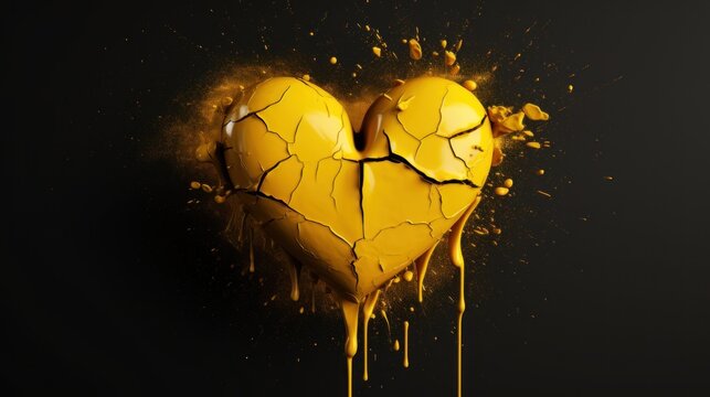 a broken yellow heart shaped object with yellow paint splattered all over it's sides and a black background.