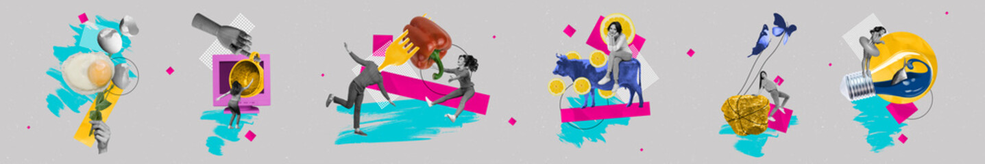 Panoramic collage young people thoughtful sit dream lemon citrus fresh food calories pepper diet nutrition egg pc monitor lightbulb