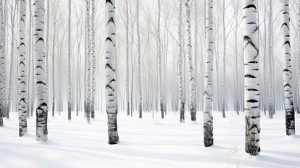 a forest filled with lots of tall white trees covered in a blanket of snow next to a forest filled with lots of tall white trees covered in snow.