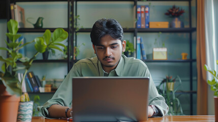 Young Indian male student, freelancer learning remotely online using laptop in office sitting at desk