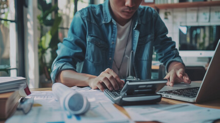 Young man working in the office on paper work, holding a calculator and processing data, bills and documents online via laptop