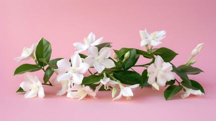 Blooming white jasmine plant on an empty. pink background 