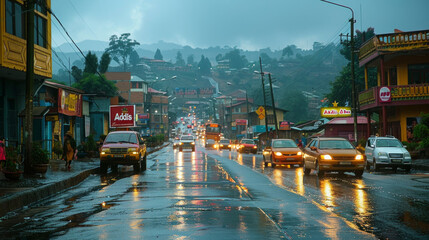 Heavy rain in the morning in Addis Ababa, Ethiopia. - obrazy, fototapety, plakaty