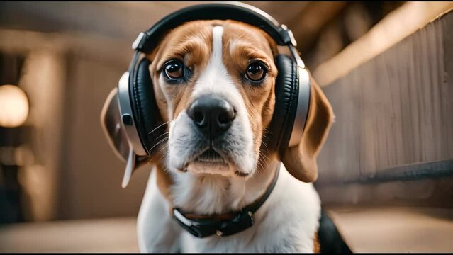 A beagle dog wearing headphones is looking directly at the camera. The dogs ears are covered with the headphones, and its eyes are focused on the lens